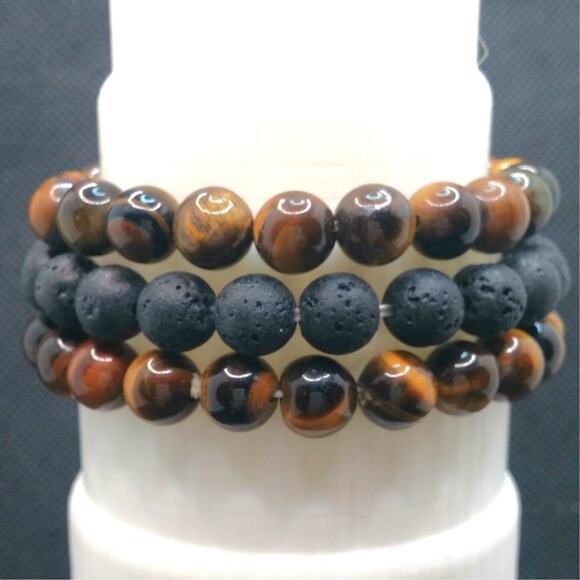 Gemstone Bracelet Tigers Eye Set of 3 Black Lava 8mm Beaded Handmade Stretch NEW - Picture 9 of 13